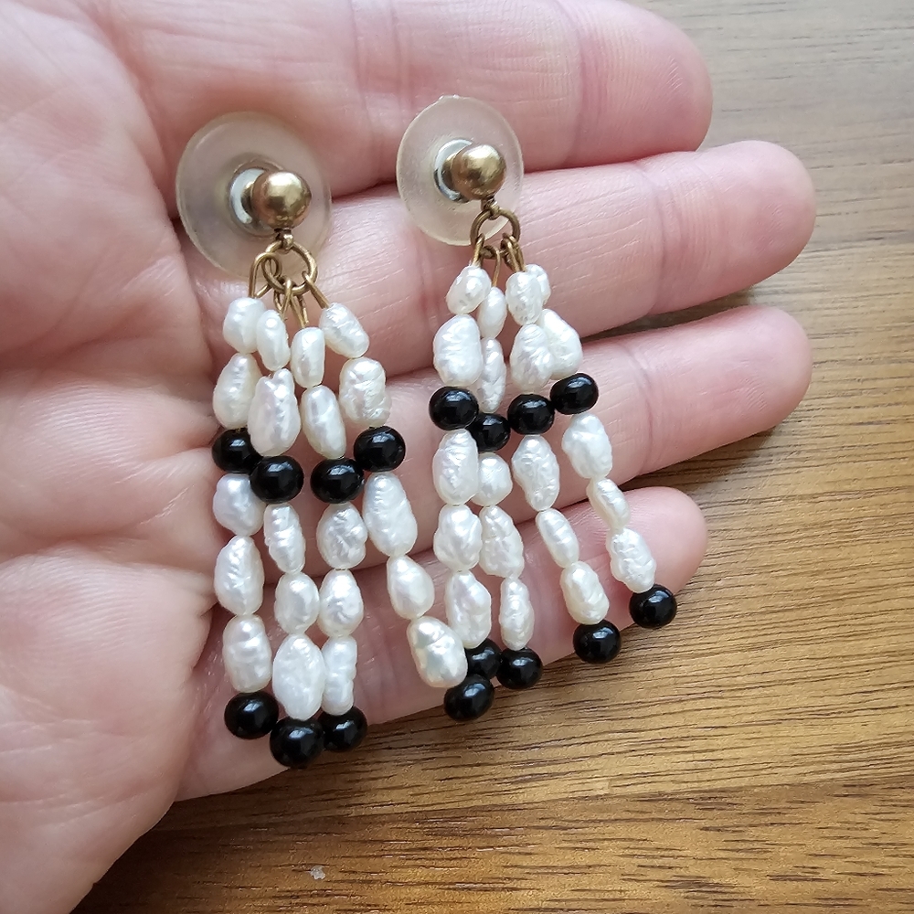 Classic Black & White Freshwater Pearl Waterfall Fringe Earrings
